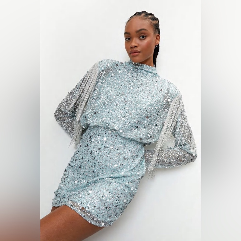 Nasty Gal Embellished Sequin Fringe Trim Bodycon Mini Dress in Dusty Baby Blue